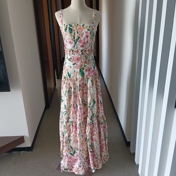 Agua Bendita Lima Jardiniera' Floral-Print Linen Maxi Dress - Picture 1 of 13